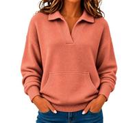 Pull à col polo pour femme, col en V, manches longues et poches | Pull décontracté à col en V pour femme - Couleur unie - Avec poche - Pour l'hiver