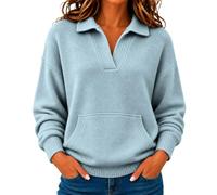 Pull à col polo pour femme, col en V, manches longues et poches | Pull décontracté à col en V pour femme - Couleur unie - Avec poche - Pour l'hiver