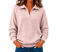 Pull à col polo pour femme, col en V, manches longues et poches | Pull décontracté à col en V pour femme - Couleur unie - Avec poche - Pour l'hiver