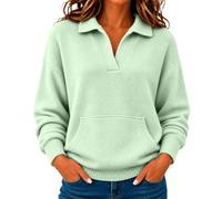 Pull à col polo pour femme, col en V, manches longues et poches | Pull décontracté à col en V pour femme - Couleur unie - Avec poche - Pour l'hiver