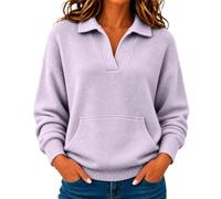 Pull à col polo pour femme, col en V, manches longues et poches | Pull décontracté à col en V pour femme - Couleur unie - Avec poche - Pour l'hiver
