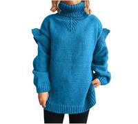 Pull à col polo pour femme - Pull long en tricot épais à volants - Col roulé - Manches longues - Pull côtelé - Pull ample, Bleu 01, L