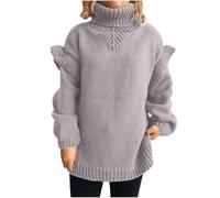 Pull à col polo pour femme - Pull long en tricot épais à volants - Col roulé - Manches longues - Pull côtelé - Pull ample, Gris 01, L