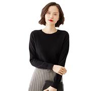 Pull pour femme à col rond en cachemire uni avec bas fin et manches longues, Noir , M