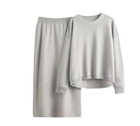 Pull à col rond pour femme - Jupes coréennes taille haute - Tenue solide en tricot 2 pièces, Gris 9., M