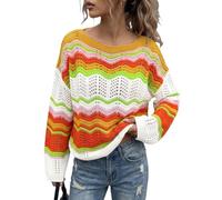 Pull À Col Rond pour Femme Rayures Arc-En-Ciel Colorées En Maille Crochet | Pulls À Manches Longues Amples Style Harajuku Preppy E-Girl Pulls Bohèmes Ajourés pour Tenues De Rue Du W nd
