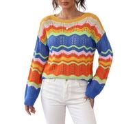 Pull À Col Rond pour Femme Rayures Arc-En-Ciel Colorées En Maille Crochet | Pulls À Manches Longues Amples Style Harajuku Preppy E-Girl Pulls Bohèmes Ajourés pour Tenues De Rue Du W nd