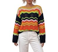 Pull À Col Rond pour Femme Rayures Arc-En-Ciel Colorées En Maille Crochet | Pulls À Manches Longues Amples Style Harajuku Preppy E-Girl Pulls Bohèmes Ajourés pour Tenues De Rue Du W nd