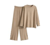 Pull à col rond pour femme - Tenue élastique - Taille haute - Pantalon large tricoté - 2 pièces, kaki, M