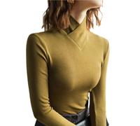 Pull à col roulé croisé en polaire pour femme - Col montant - Manches longues - Extensible - Basique - Léger, Marron/vert, M