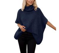Pull à col roulé pour femme avec manches chauve-souris - Pull surdimensionné chaud et long - Pull d'hiver ample en tricot - Poncho en tricot - Cape Cardigan - Col rond - Pull court Dolman, O bleu