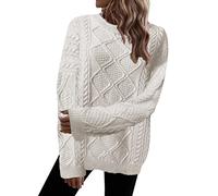 Pull à col roulé pour femme avec motif torsadé à manches longues en tricot doux pour une élégance élégante, Blanc., S