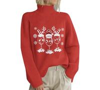 Pull à col roulé pour femme - Col montant - Décontracté - Coutures de Noël - Pull en tricot imprimé pour entraînement en plein air - Cadeau de Noël, Rouge, M