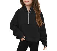 Pull à col semi-zippé pour filles avec trou pour le pouce - Pull décontracté surdimensionné à manches longues avec poche pour adolescentes - Pull tendance uni pour enfants, Noir , 5-6 ans