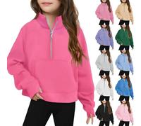 Pull à demi-fermeture éclair avec trous pour les pouces pour filles - Pull uni à manches longues - Col montant - Pull avec poche - Couleur unie - Haut de sport en coton léger et confortable (vert, 7-8