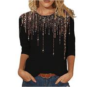 Pull à manches 3/4 pour femme - Paillettes - Col rond - Paillettes - Col rond - Chemisier fin et brillant - Haut tendance - Printemps été - Tunique scintillante, Noir , XXL