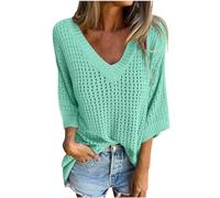 Pull à manches 3/4 pour femme - Pull tricoté à col en V - Surdimensionné - Confortable - Léger - Décontracté - Solide - Tendance - Travail - Bureau - Streetwear, Vert (01), 36