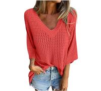 Pull à manches 3/4 pour femme - Pull tricoté à col en V - Surdimensionné - Confortable - Léger - Décontracté - Solide - Tendance - Travail - Bureau - Streetwear, Orange (02), 42