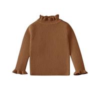 Pull à manches longues et col montant pour fille - Haut en tricot de couleur unie avec col à volants, sous-vêtement coupe ajustée, détails de laitue, doux à superposer ou à porter seule (1A-café, 7 à