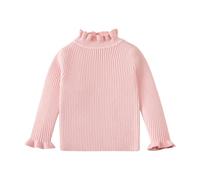 Pull à manches longues et col montant pour fille - Haut en tricot de couleur unie avec col à volants, sous-vêtement coupe ajustée, détails de laitue, doux à superposer ou à porter seule (1A-rose clair
