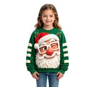 Pull à manches longues et col rond pour fille Motif visage de Père Noël | Visage du Père Noël avec lunettes rondes, barbe blanche et chapeau rouge ; corps vert avec manches rayées blanches et motif