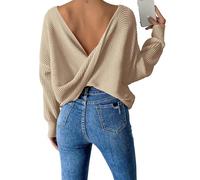 Pull à Manches Longues et Dos Nu pour Femme avec épaules Tombantes et Dos Nu(Apricot,M)
