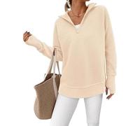 Pull à manches longues et fermeture éclair quart de tour pour femme - Col en V - Col en V - Tricot côtelé - Trou pour le pouce, abricot, Large