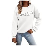 Pull à manches longues pour femme - Sport - Manches longues - Sweat basique - Col rond - Sans capuche - Élégant - Imprimé Smile - Décontracté - Automne - Hiver - Coton - Pull pour adolescentes - Pull