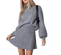 Pull à Manches Longues pour Femmes Automne Et Hiver Ensemble De Jupes Courtes Y2k Affaires élégantes Taille Haute Manches Lanternes Mode Pull en Tricot Jupe Supérieure (Gris,M)