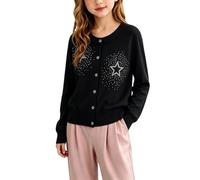 Pull à manches longues pour filles - Cardigan à manches longues - Col boutonné - Uniformes scolaires - Hauts à paillettes - Cardigan tendance, Noir , 9-10 ans