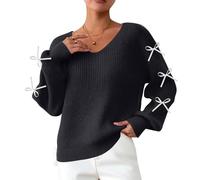 Pull à NœUd Femme Col V Tricot Pullover Chic et Élégant Maille Sweat-Shirt Manches Longues Grande Taille Hauts Automne Hiver pour Femmes Tops Tendance Couleur Unie Chaud Décontracté