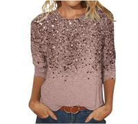 Pull à paillettes à manches 3/4 pour femmes - Hauts scintillants - T-shirt à manches longues tendance brillant - Pull dégradé batik - Chemisier scintillant à col rond - Hauts basiques ajustés - Grande