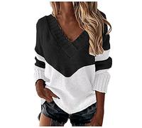 Pull à rayures Colorblock pour femme - Pull en tricot - Col en V - Manches longues - Décontracté - Couleur unie - Pull Tops, Noir , L