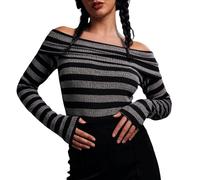 Pull à rayures pour femme - Stretch - Multicolore - Rayé - Épaules dénudées - Pull en tricot avec col rabattu - Mode - Couleur unie - Haut court - Y2K - Coupe ajustée, Noir , S