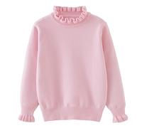 Pull à volants et col roulé à manches longues pour filles - Pull chaud surdimensionné pour enfants - Joli pull en tricot à volants - Haut en tricot thermique pour l'école, rose, 10-12 ans