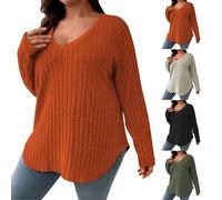 Pull ajusté en tricot pour femme - Grande taille - Rayures dénoyautées - Col en V brossé - Pull ample et léger - Couleur unie - Chemisier décontracté à manches longues - Pull surdimensionné en tricot