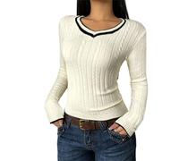 Pull ajusté en tricot torsadé avec col en V pour femme | Texture fine, forme écrémante, bords côtelés, superposition facile, polissage en semaine, confort du w nd, entretien doux