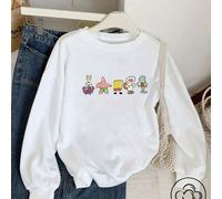 Pull ample à col rond et manches longues pour femme, style décontracté automne/hiver. Cinq mini-personnages de dessins animés (Bob l'éponge, Patrick l'Étoile, Carlo, etc.) alignés en rang apportent fr