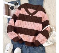 pull ample à col V, manches lanternes, tricot torsadé et blocs de couleurs rayés pour filles préadolescentes, convient pour l'automne/l'hiver et les sorties 8Y,9Y,10Y,11Y,12YRayéTricots