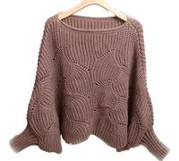 Pull Ample à Encolure tricotée, Pull Court à épaules Tombantes, col Bateau, Manches Chauve-Souris, Pull Ample en Tricot et Hauts pour Femme (Braun,M)