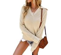 Pull ample à manches longues et col en V pour femme - Pull décontracté en tricot - Couleur unie - Manches longues - Col en V - Pull à manches longues, b-kaki, S