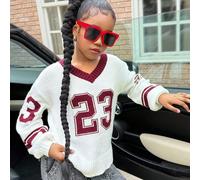 Pull ample en maille à col V avec motif numérique, décontracté et confortable pour préadolescente, pull d'automne/hiver, pull à motif numérique, style universitaire assorti maman et moi 8Y,9Y,10Y,11Y,