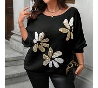 Pull ample en maille à encolure bateau de couleur unie, avec séquins brodés et manches chauve-souris. Coupe ample et élégante, convient pour le travail en automne/hiver. 0XL,1XL,2XL,3XLAnimal,Tout Imp