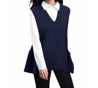 Pull ample en tricot surdimensionné pour femme, col en V épais, sans manches, gilet en tricot avec poches, haut ample vintage sans manches pour femme, bleu, M