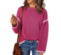 Pull ample en tricot torsadé pour femme - Col rond - Manches longues - Coupe ample - Pour l'automne, rose rouge, XXL