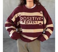 Pull ample femme avec motif blocs de couleurs de rayures, lettres et étoiles. Manches trois-quarts. Convient pour l'automne/l'hiver. L,M,S,XLGéométrique,Lettres,RayéLaine peignée