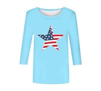 Pull ample T-shirt décontracté et confortable pour le travail 4 juillet T-shirts pour femmes avec manches 3/4 imprimé tournesol pour femmes tendance imprimé drapeau américain chemisiers t-shirts, bleu