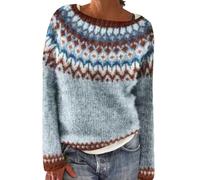 Pull au crochet, col rond, tunique, pull, pull baggy tricoté, confortable et doux, haut torsadé basique à manches longues, pull vintage Fair Isle, coupe décontractée, pull chaud d'automne, bleu clair