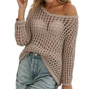 Pull au crochet pour femme - Épaules dénudées - Col rond - Pull en tricot surdimensionné - T-shirt à crochet - Haut en maille - Léger - Style bohème - Pull ample - Pour festival, tenue streetwear