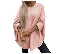 Pull Cape Tricoté élégant pour Femme, Pull Poncho pour Femme, Pull Chauve-Souris en Tricot Côtelé, Pull Décontracté à Col Rond, Manches Longues, Pull Tendance pour L'automne (Rose,L/XL)